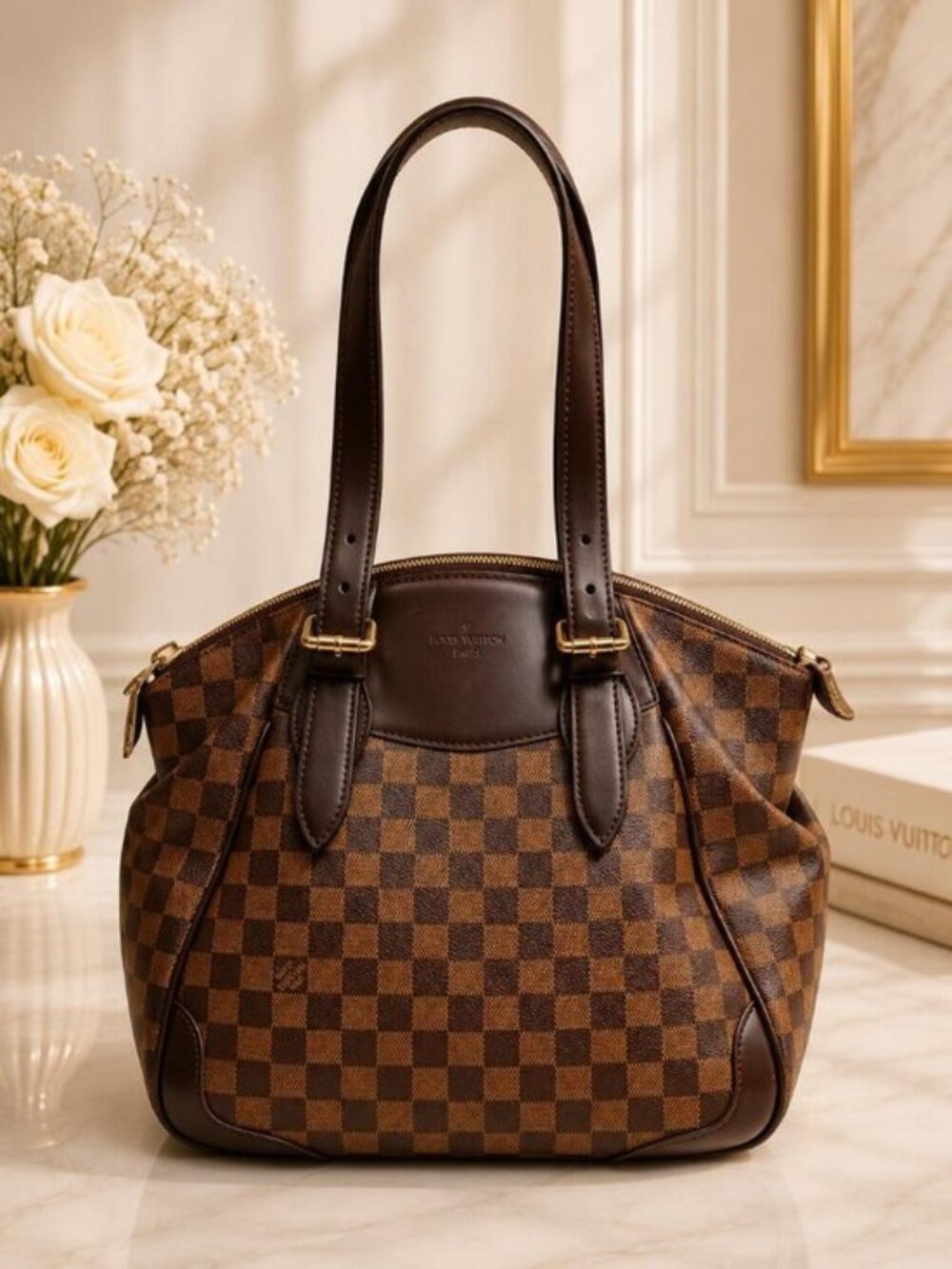 Authentic Louis Vuitton Verona MM Damier Ebene Shoulder Tote Handbag Brown